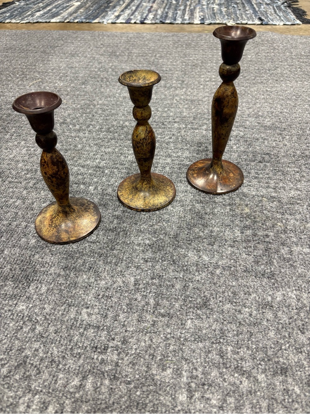 Set of 3 Distressed Gold Metal Candle Holders Two 6 inch One 8 inch